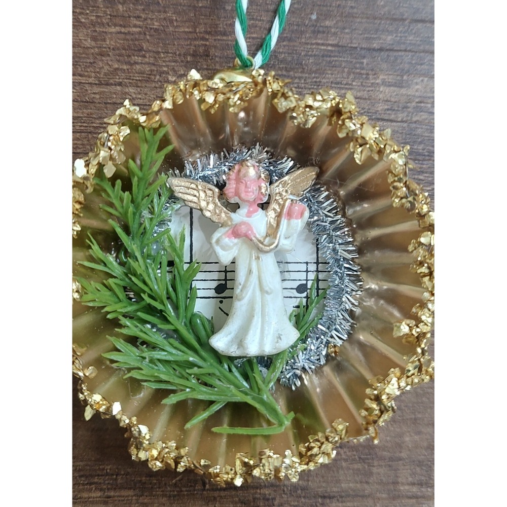 Angel Christmas Ornament Handmade Tart Tin Vintage Diorama Sheet Music White O6